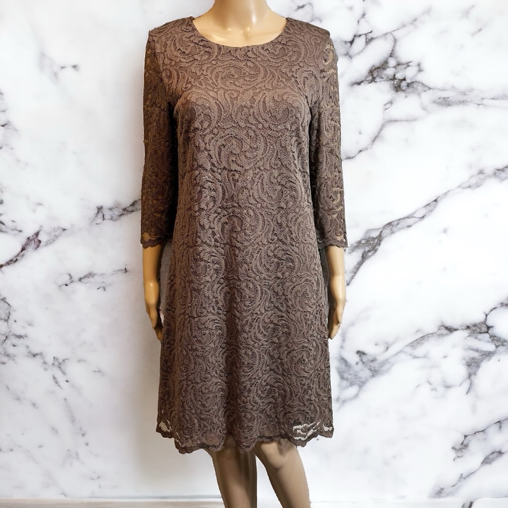Garnet Hill Lace Scoop Neck Taupe Brown Dress FLAW